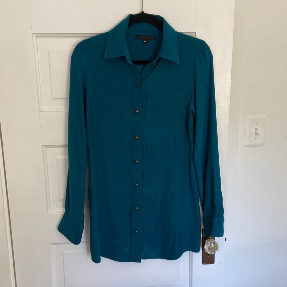 Dona Monroe dark teal silk shirt dress, size xs